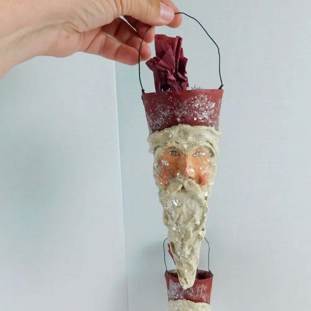 Christmas Ornaments Santa Plaster Handmade Sugared Lot of 2, Red Cones Vintage